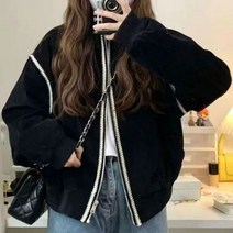 과잠 항공점퍼 간절기 아우터 QWEEK 오버사이즈 야구 재킷 시크하고 우아한 여성 블랙 크롭 코트 긴팔 의류 패션