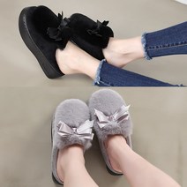 벨루치슈즈 여성 밍크 리본 겨울 통굽 털 슬리퍼 실내화 실외화 빅사이즈 255까지 사무실 슬리퍼 5cm