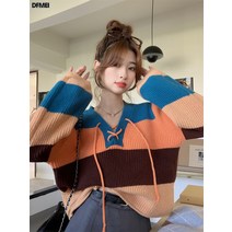 루즈핏 스트라이프 스트랩 브이넥 슬림핏 감령 숏 긴팔 니트