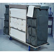 모텔 청소 카트 트롤리 수건 비품 수레 수거카 호텔, 양면 파란색 포켓 스테인레스 스틸