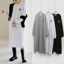 겨울 기모 맨투맨 원피스 오버핏 박시 라운드 쭈리 퍼프 레터링 롱 원피스 빅사이즈