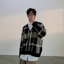 제스토 남자 브이넥 오버핏 롱 빅 체크 니트 가디건 검정 화이트 커플 봄 가을 코디