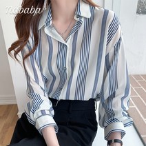 나바바 NB897 여성 빈티지 쉬폰 스트라이프 긴팔 셔츠
