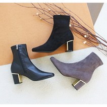 명품 세무 금장 발편한 스웨이드 그레이 스판 앵글부츠 삭스 스퀘어 통굽 앵클부츠 7cm