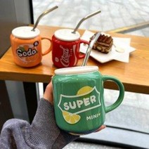코카콜라 빈티지 세라믹컵 코카콜라굿즈 캔모양, 소다캔컵오렌지380ML오리지널유리빨대