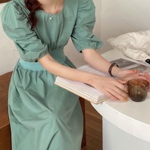 줄리트 퍼프 허리밴딩 플레어 롱원피스