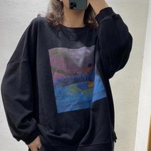 여성 루즈핏 캐주얼 프린팅 라운드 풀오버 면 티셔츠