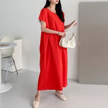 티탁 여성 빅사이즈 데일리 박스핏 라운드넥 무지 나그랑소매 비비드컬러 폴리반팔롱원피스