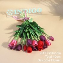 PCS 꽃 실리콘 노란색 튤립 꽃다발 리얼 터치 칼라 홈 부활절 선물 인공 결혼식-인디고, [01] pcs Poly Bag, [25]  piece per bunch