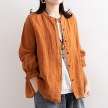 봄 여름 캐주얼 편한 반팔 차이나 코튼 린넨 셔츠 에스닉 빈티지 용 라운드넥 루즈한 패션 버튼 블라우스 긴 소매 가을