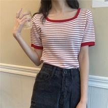 나루니 W03498 스프라이트 반팔티 짧은 숏 여름반팔티 여성반팔티 여성티셔츠 줄무늬 스퀘어넥