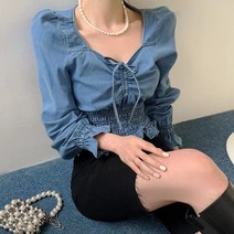 블링앤수 여성 브이넥 데님 프릴 리본 긴팔 블라우스 LZZ273