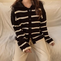 여자 데일리 심플 4컬러 단가라 카라 배색 니트 가디건