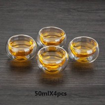 중국찻잔 다기잔 다기세트 도자기 막걸리 티팟 내열성 투명 더블 레이어 유리 작은 쿵푸 차 컵 시음 컵 단열 뜨거운 머그, 50ml-4pcs