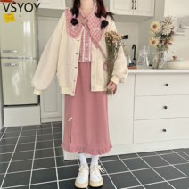 vsyoy 가을과 겨울 정장 여성용 핑크 체크 무늬 셔츠 코듀로이 스커트 카디건 코트 3 피스 슈트
