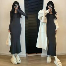 여성 맥시 니트 원피스 울트라 롱 피쉬 테일 스커트 블랙 하이 넥 드레스 스웨터 가