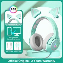 아이폰 헤드셋 K9 RGB LED 라이트 장착 핑크 고양이 귀 헤드폰 PC 게이머용 마이크 게임용 7.1 서라운드 컴퓨터 이어폰, k9 그린 3.5mm