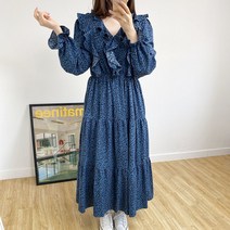 2color 레오파드 브이넥 프릴 셔링 롱 원피스