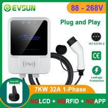 전기차 이동형 충전기 EVSUN EV 충전 스테이션 32A 전기 자동차 차량용 EVSE Wallbox Wallmount 71121KW Type2 케이블 IEC62196 APP 제어, 4.7KW RFID NoLCD App