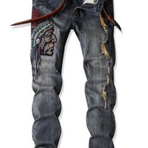 남자 자수 청바지 빈티지 디스트로이드 청바지