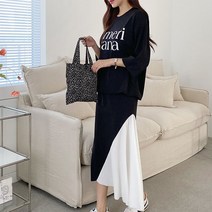 오브치치 여름 간절기 여성 스커트 트레이닝복 세트 트레이닝세트 여성 롱스커트세트 배색 스커트 상하복 루즈핏 데일리 반팔세트 여성 빅사이즈 데일리 코디세트