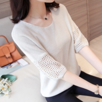 HQINT 라운드 펀칭 반소매 티셔츠 단정한옷 40대 여성 m3457
