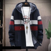 남자 루즈핏 배색 기모 후드 집업 니트 자켓 3J938