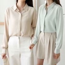 1+1 10색상 여자 블라우스 쉬폰 히든버튼 무지 여성 카라 긴팔 55-88