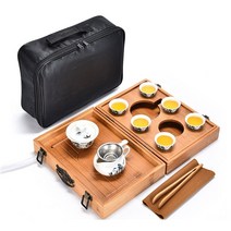 ODOBUY 휴대용 다도 세트 다기 차판 차도구 찻잔 전통 중국 도자기 6인 캠핑 선물, 용문양-산수화