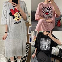 [이울]국내생산 디즈니 정품 반팔 임산부 빅사이즈 오버핏 봄 여름 홈웨어 파자마 미니 미키 캐릭터 무지 롱 원피스 잠옷