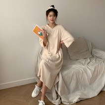 [] 여자 봄 가을 데일리 홈족 편안한 V넥 루즈핏 롱원피스