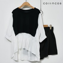 코인코즈 셔링 배색 미니멀 반팔 블라우스 (IY2MB4090)