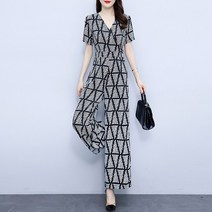 반팔 점프 수트 하이레그 바디프로필컨셉 프린트 스타일 v넥 하이 웨이스트 와이드 레그 슈트 롱 팬츠 여성용 여름
