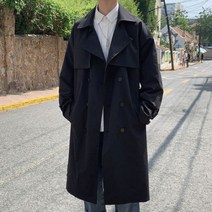 남자트렌치코트 봄 더블 브레스트 롱 오버 니 트렌치 코트 남성용 오버사이즈 바람막이 벨트 타이드 베이스 자켓