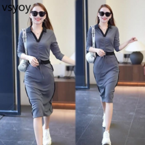 VSYOY 타이트 허리 캐주얼 드레스 여성의 짧은 새로운 도착 러플 우아한 원스텝 드레스 가을 긴 티셔츠 스커트