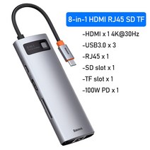 usb 멀티포트 Baseus-USB 허브 HDMI 호환 4K 타입c to USB 3.0 분배기 PD 100W 도킹 스테이션 MacBook Pro, 06 8 in 1 USB C HUB
