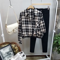 상상그이상 여성용 베이직 기본 카라넥 체크 크롭 셔츠 밑단 랍바 포인트