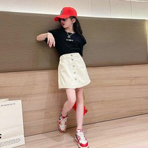 유블리 여아동 주니어 초등학생 반팔 퍼프 티셔츠 단추 포인트 밴딩 에이라인 스커트 투피스 세트 아밀