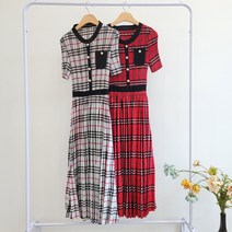 [플리츠유 정품] 체크 반팔 플리츠 원피스 주름 여성 마담 중년 여름 롱