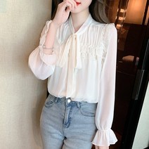 블라우스리본옷 리본스트랩 페블럼라인 긴 소매 봄계절 실크블라우스 여성 상의 4994063016