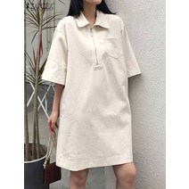 롱 원피스 여성 오버사이즈 라인 로브 캐주얼 레트로 솔리드 드레스 2022 여름 옷깃 셔츠 드레스 레이디 지퍼 업 스트리트 무릎