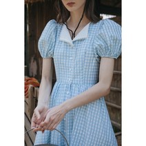 하늘색원피스 퍼프 소매 체크 원피스 동남아 베트남 태국 해외여행여름옷