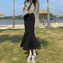 위위브렌 여성 하이웨이스트 머메이드 미디 데님 스커트 치마