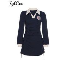 Sylvue-귀여운 한국 대학 바람 다크 블루 슬림 바이탈리티 젊은 니트 신축성 라벨 학생 드레스 일본과 한국 스타일