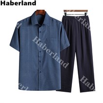 Haberland 여름 남성 린넨 세로 스트라이프 반팔 셔츠 와이드 밴딩 바지 상하세트 정장 세트 트레이닝복1506