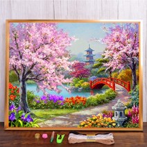 보석십자수 창업 도구 풍경 벚꽃 나무 사전 인쇄 크로스 스티치 자수 전체 키트 수공예 뜨개질 취미 재봉, HMA70930_30x40cm_14CT 실크 스레드
