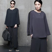 하루메이비 A185 루즈핏 배색 포인트 라운드넥 블라우스
