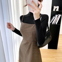 스윗 모직 체크 멜빵 여성 겨울 가을 클래식 허리보정 하프기장 무릎넘어 끈나시 슬립 원피스 3499550622