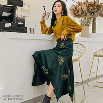 도오빠 여자치마정장 노란 셔츠 녹색 스커트 복고풍 벨벳 뾰족 칼라 생강 머스터드 랜턴 소매 긴팔 긴소매 오피스룩 데이트룩 데일리룩 봄 여름 가을 직장인 대학생 캐주얼 패션 코디 여성 치마 정장