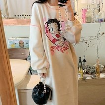 레트로 아메리칸 프린트 라운드 넥 긴팔 후드 드레스 한국 스타일 루즈 스커트 롱 드레스 여성용 2022 가을 겨울 신제품